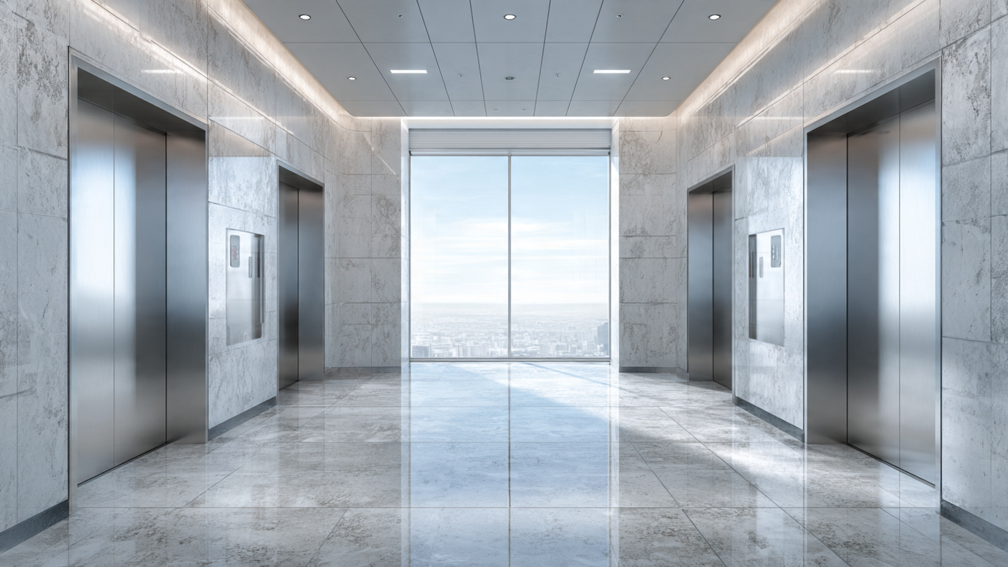 modern commercial elevator lobby front facing view two